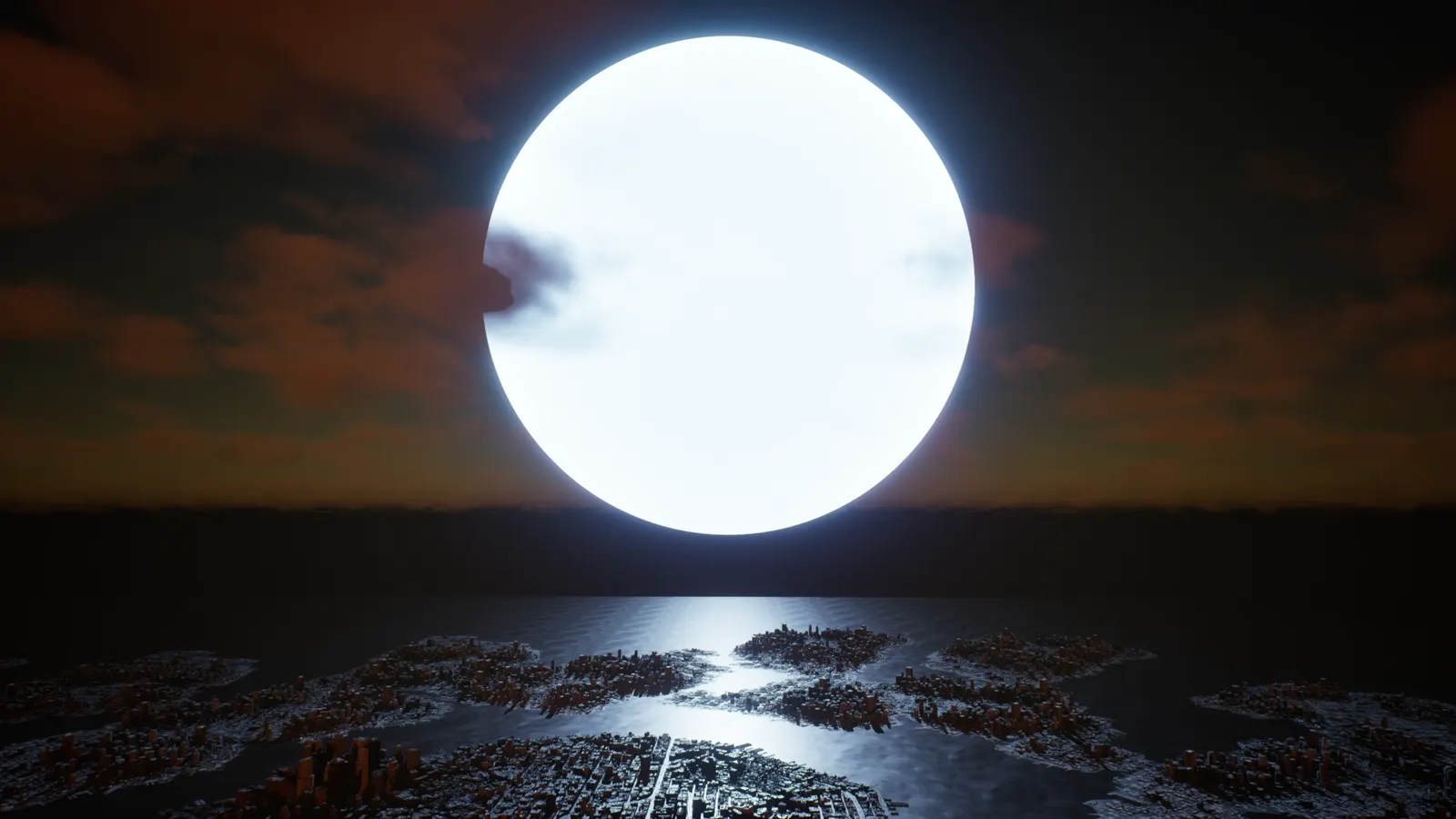 A neutron star the size of a city, glowing over the sea at dusk